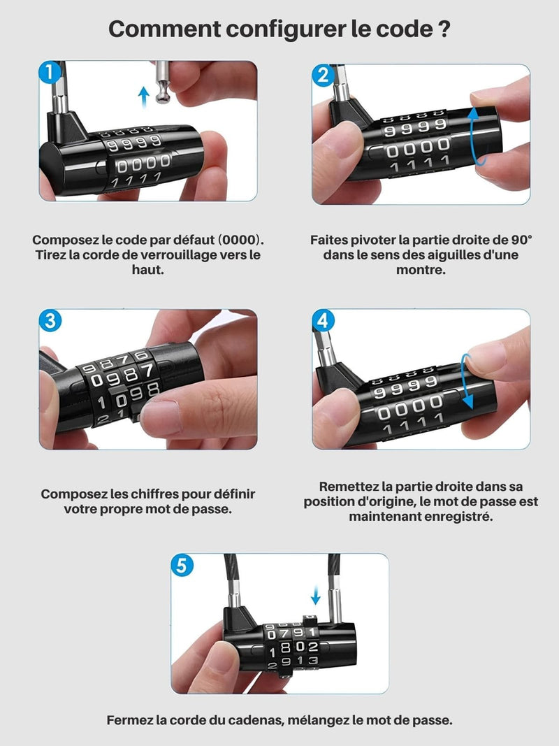 Cadenas à Code Extérieur - Câble Acier 4 Chiffres Étanche