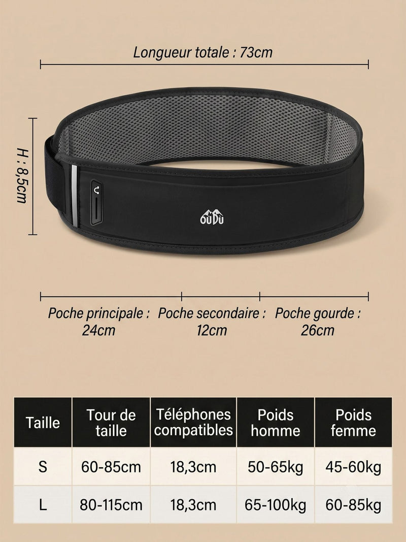 Ceinture de course avec poche gourde et bande réfléchissante