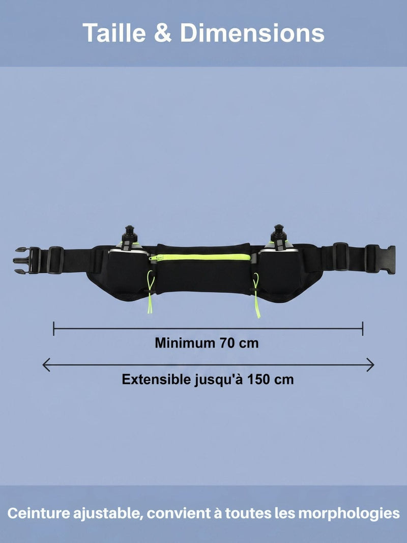 Ceinture marathon avec 2 gourdes incluses et doublure anti-dérapante