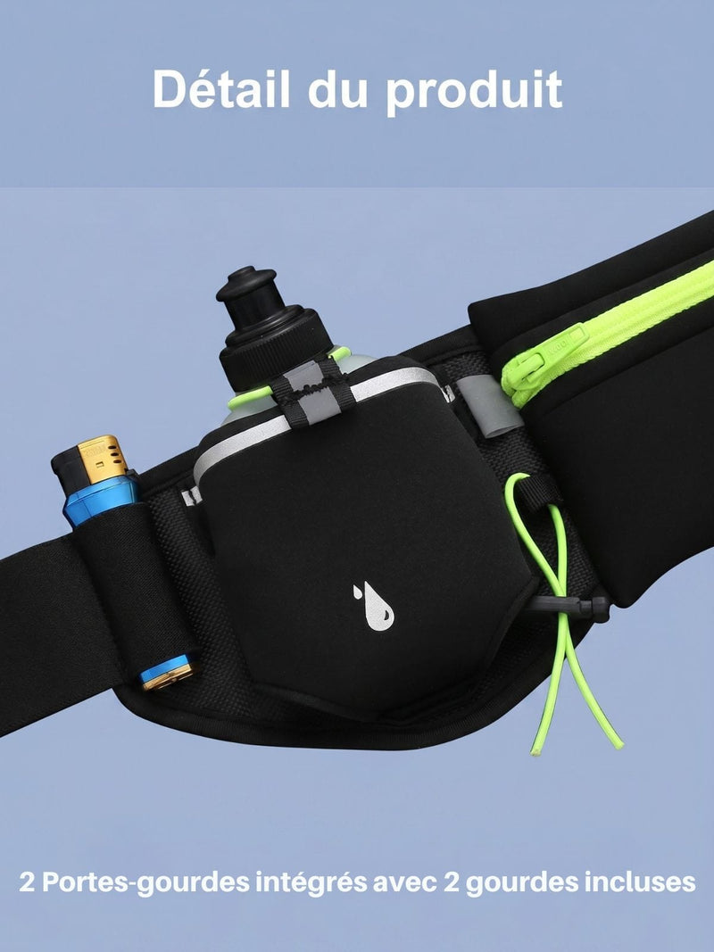 Ceinture marathon avec 2 gourdes incluses et doublure anti-dérapante