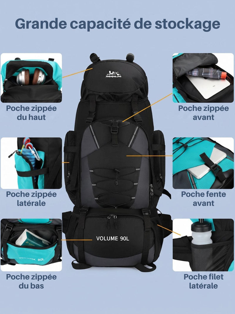 Grand sac à dos randonnée 90L, housse de pluie en option