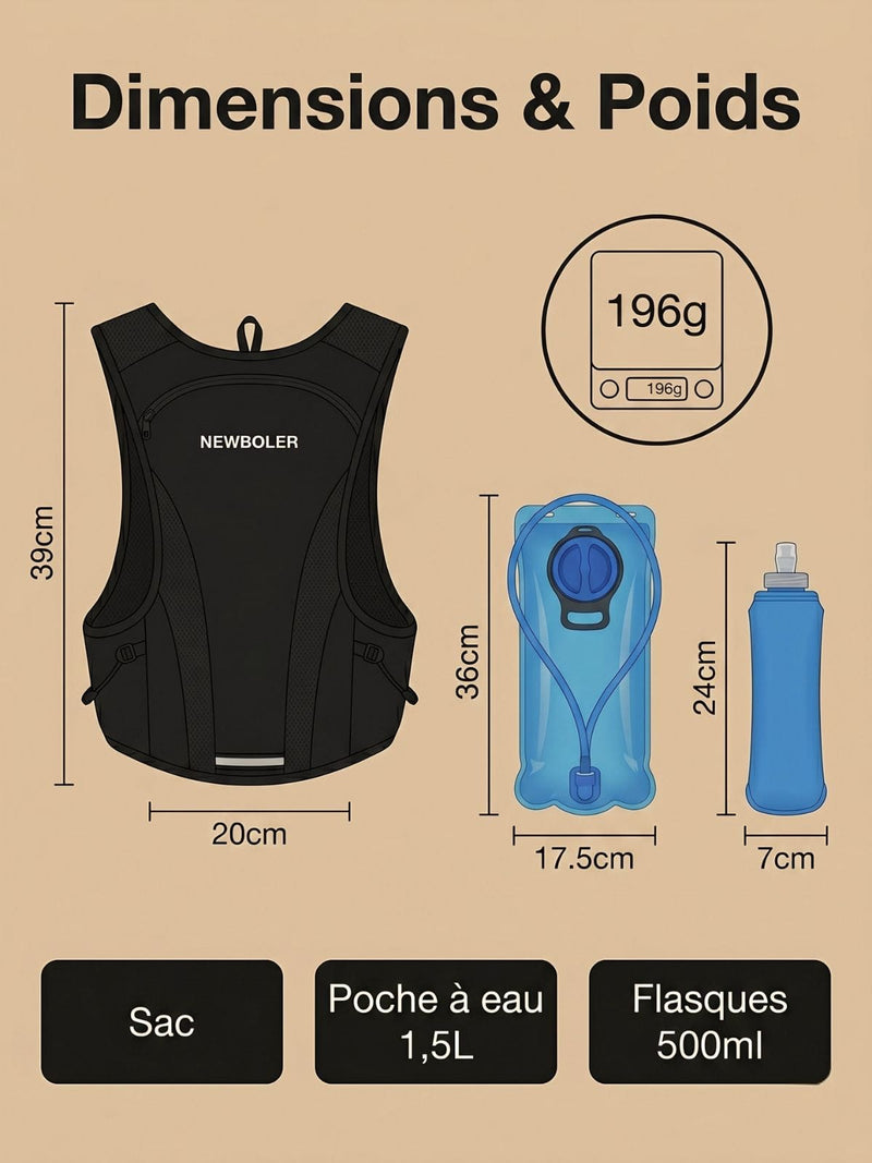 Sac à dos avec poche à eau, gourdes en option