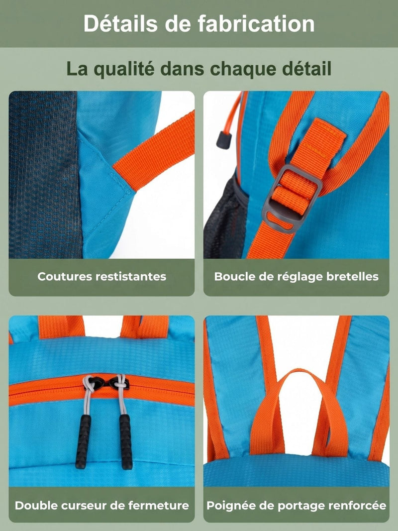 Sac à dos pliable 22L, fixation bâtons de randonnée