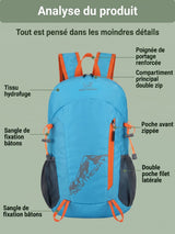 Sac à dos pliable 22L, fixation bâtons de randonnée