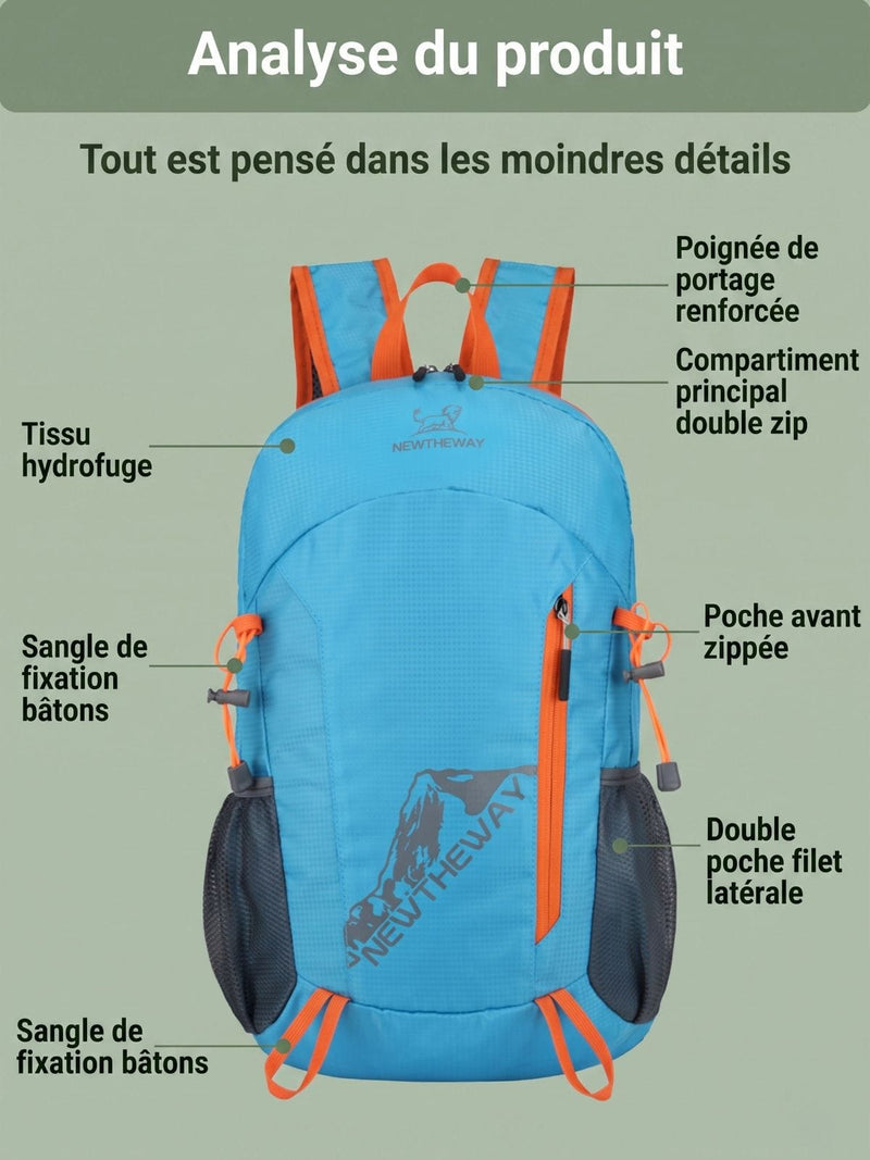Sac à dos pliable 22L, fixation bâtons de randonnée