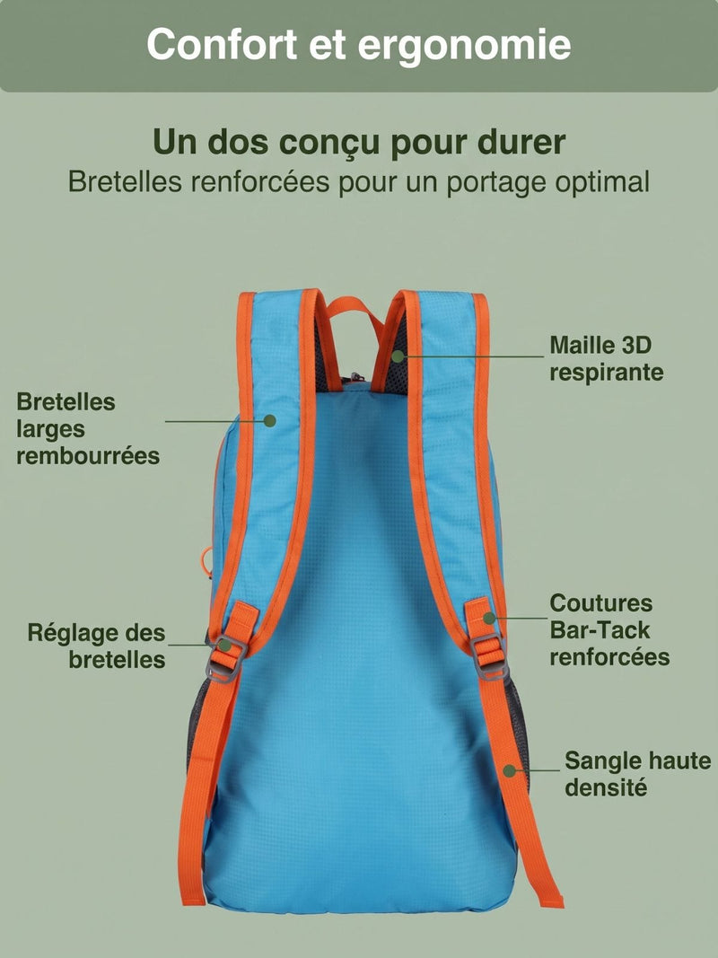 Sac à dos pliable 22L, fixation bâtons de randonnée