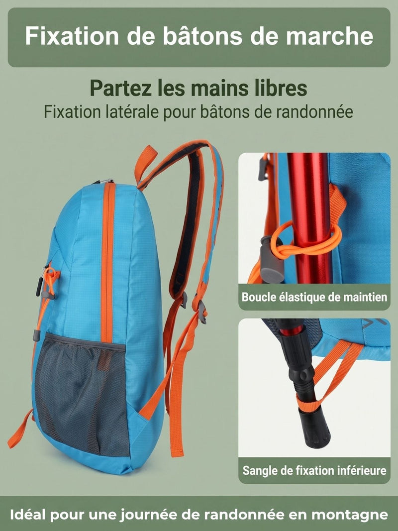 Sac à dos pliable 22L, fixation bâtons de randonnée