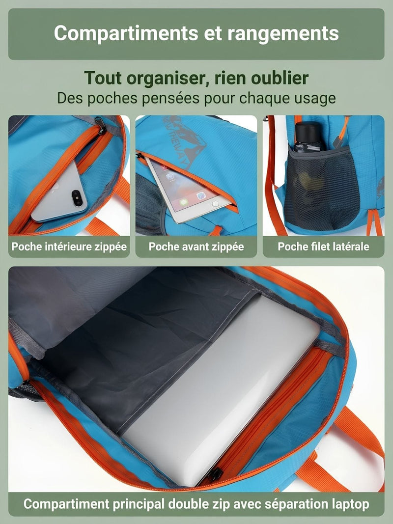 Sac à dos pliable 22L, fixation bâtons de randonnée