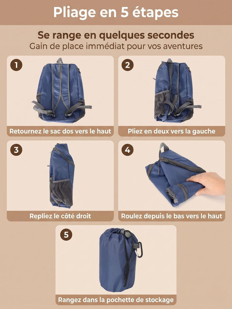 Sac à dos pliable ultra léger 20L, format poche