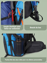 Sac à dos trek 60+5L, sifflet SOS et dos ventilé
