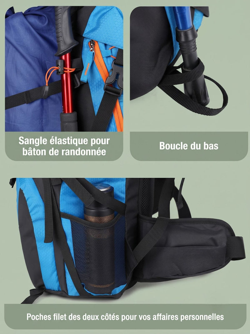 Sac à dos trek 60+5L, sifflet SOS et dos ventilé