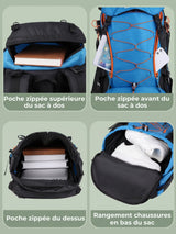 Sac à dos trek 60+5L, sifflet SOS et dos ventilé