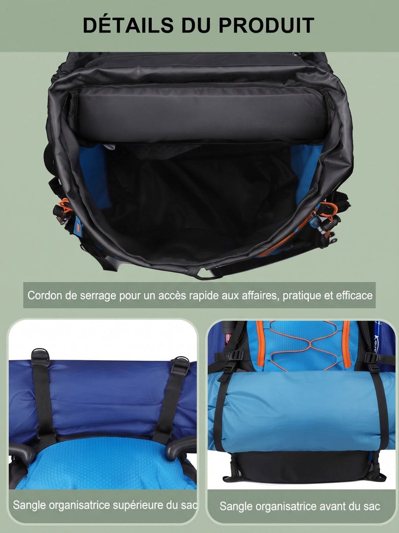 Sac à dos trek 60+5L, sifflet SOS et dos ventilé