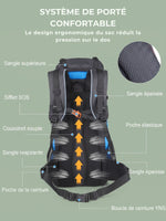 Sac à dos trek 60+5L, sifflet SOS et dos ventilé