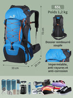 Sac à dos trek 60+5L, sifflet SOS et dos ventilé