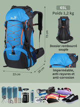 Sac à dos trek 60+5L, sifflet SOS et dos ventilé