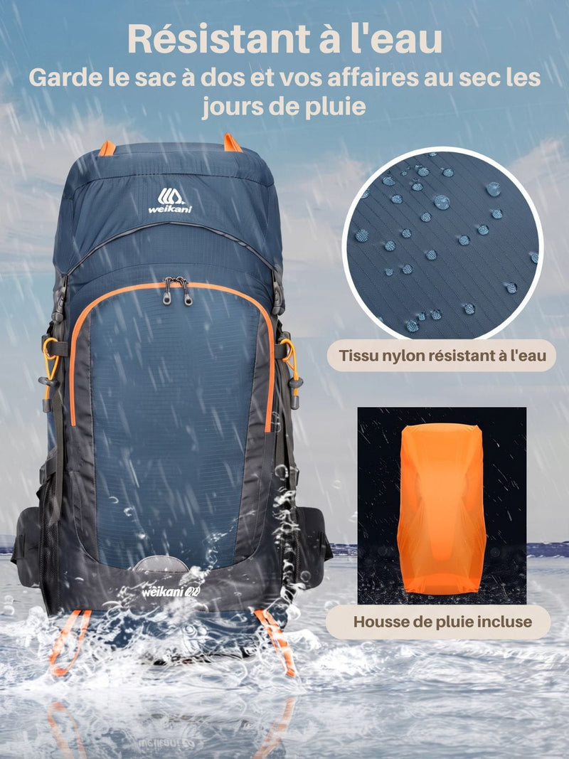 Sac à dos trekking 50+15L, housse de pluie incluse