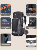 Sac à dos trekking 50+15L, housse de pluie incluse