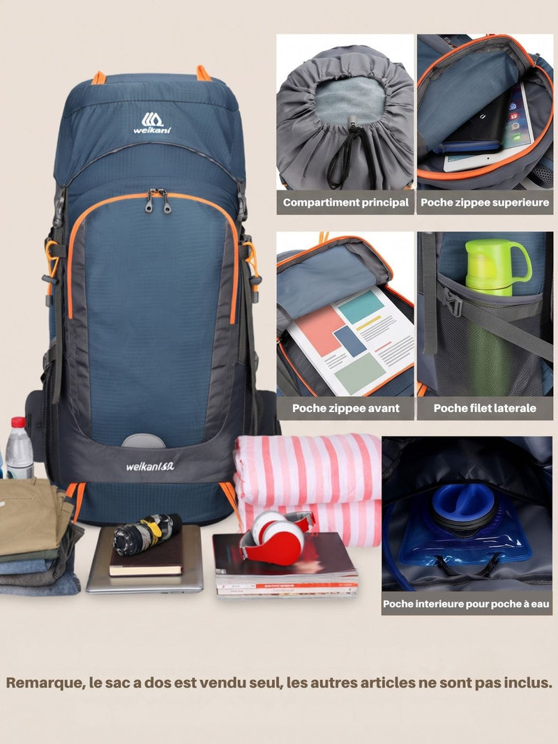 Sac à dos trekking 50+15L, housse de pluie incluse