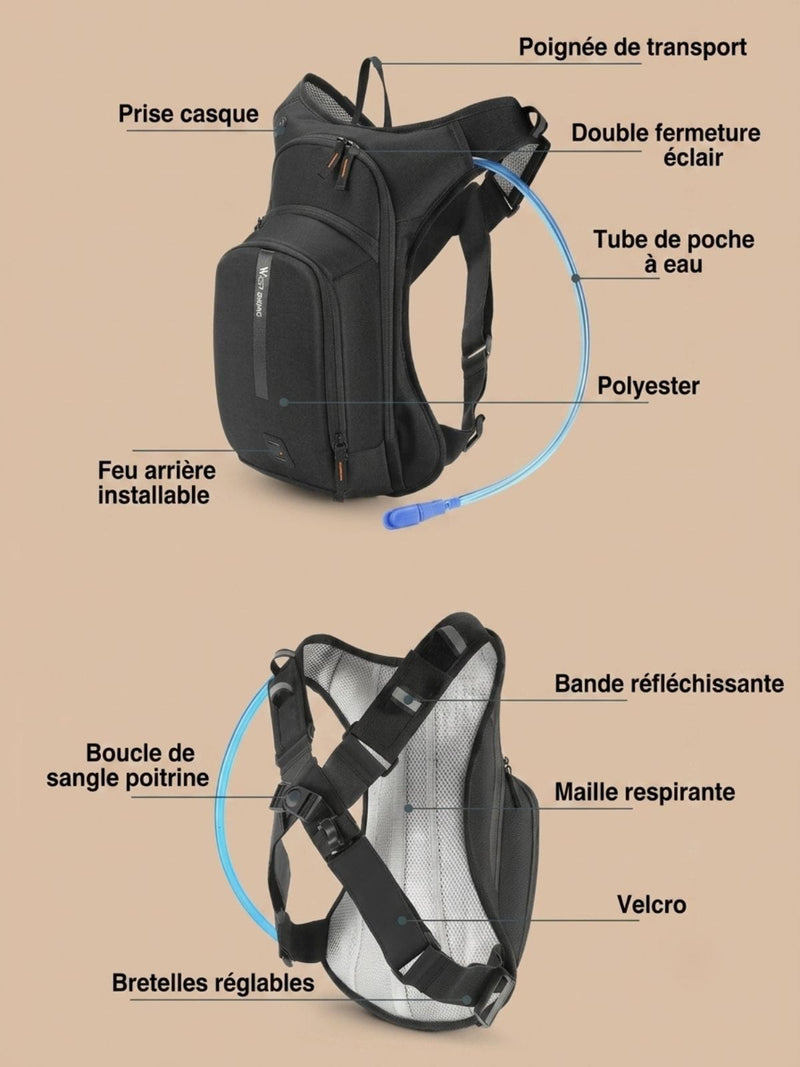 Sac à dos vélo 10L anti-rebond, poche à eau en option